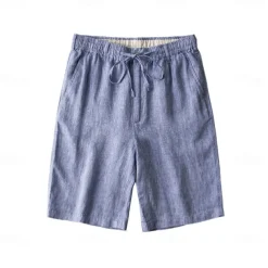 Men's 100% Linen Shorts Solid Color Above Knee Daily Vacation Ethnic Style Blue Khaki