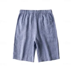 Men's 100% Linen Shorts Solid Color Above Knee Daily Vacation Ethnic Style Blue Khaki