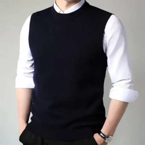 Men's 100% Merino Wool Crewneck Sweater Vest Solid Color Crew Neck Knitwear Elegant School Formal Clothing Apparel Spring Fall Black Navy Blue S M L