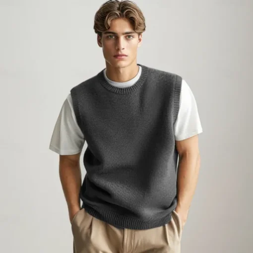 Men's 100% Merino Wool Crewneck Sweater Vest Solid Color Crew Neck Knitwear Elegant School Formal Clothing Apparel Spring Fall Black Navy Blue S M L