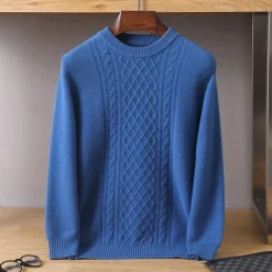 Men's 100% Merino Wool Jacquard Sweater Knit Jacquard Solid Color Crew Neck Knitwear Elegant Christmas Christmas Gifts Clothing Apparel Fall Winter Navy Blue Royal Blue S M L