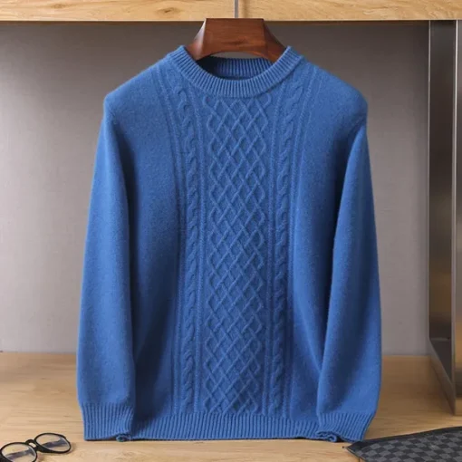 Men's 100% Merino Wool Jacquard Sweater Knit Jacquard Solid Color Crew Neck Knitwear Elegant Christmas Christmas Gifts Clothing Apparel Fall Winter Navy Blue Royal Blue S M L