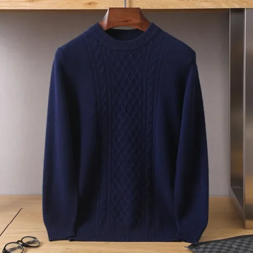 Men's 100% Merino Wool Jacquard Sweater Knit Jacquard Solid Color Crew Neck Knitwear Elegant Christmas Christmas Gifts Clothing Apparel Fall Winter Navy Blue Royal Blue S M L