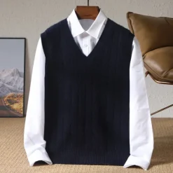 Men's 100% Merino Wool Pullover Sweater Vest Knit Vertical Stripes V Neck Knitwear Elegant Outdoor Home Clothing Apparel Fall Winter Black Orange S M L