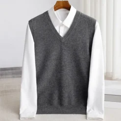 Men's 100% Merino Wool Sweater Vest Knit Solid Color V Neck Knitwear Elegant Outdoor Home Clothing Apparel Spring Fall Wine Red Black S M L