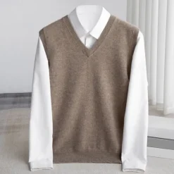 Men's 100% Merino Wool Sweater Vest Knit Solid Color V Neck Knitwear Elegant Outdoor Home Clothing Apparel Spring Fall Wine Red Black S M L