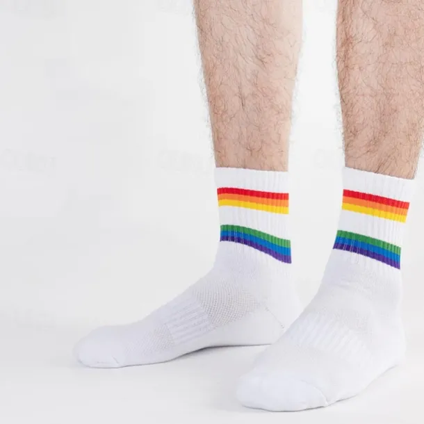 Men's 2 Pack Multi Packs Socks Crew Socks Running Socks Casual Socks Black White Color Rainbow Sports & Outdoor Daily Vacation Basic Medium Spring Fall Fashion Casual