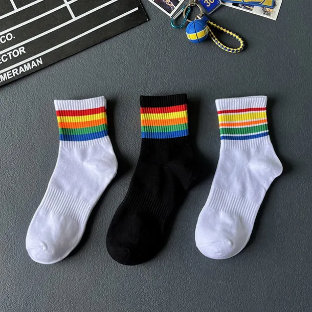 Men's 3 Pack Multi Packs Socks Crew Socks Running Socks Casual Socks White+White+Black Black Color Rainbow Sports & Outdoor Daily Vacation Basic Medium Spring Fall Fashion Casual