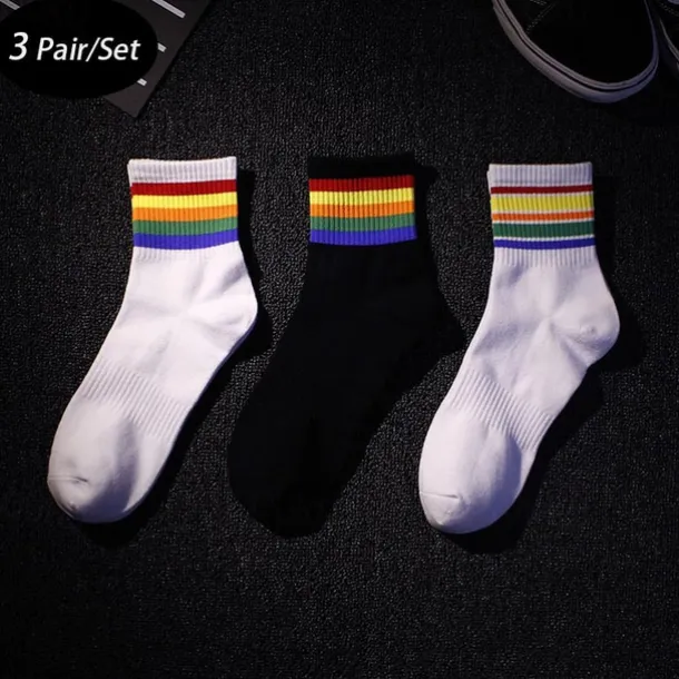 Men's 3 Pack Multi Packs Socks Crew Socks Running Socks Casual Socks White+White+Black Black Color Rainbow Sports & Outdoor Daily Vacation Basic Medium Spring Fall Fashion Casual