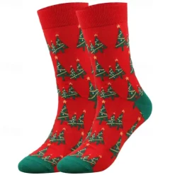 Men's 5 Pairs Multi Packs Socks Crew Socks Casual Socks Christmas Socks Red Navy Blue Color Christmas Tree Christmas Daily Vacation Medium Fall Winter Fashion Casual