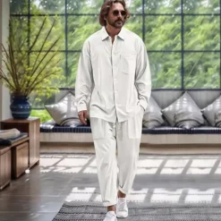 Men's 2 Piece Shirt Set Matching Sets Casual Shirt Button Up Shirt Black White Dark Navy Blue khaki Long Sleeve Plain Collar Vacation Daily Clothing Apparel Fashion Casual