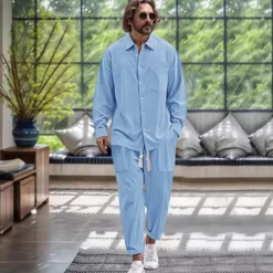 Men's 2 Piece Shirt Set Matching Sets Casual Shirt Button Up Shirt Black White Dark Navy Blue khaki Long Sleeve Plain Collar Vacation Daily Clothing Apparel Fashion Casual