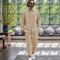 Men's 2 Piece Shirt Set Matching Sets Casual Shirt Button Up Shirt Black White Dark Navy Blue khaki Long Sleeve Plain Collar Vacation Daily Clothing Apparel Fashion Casual