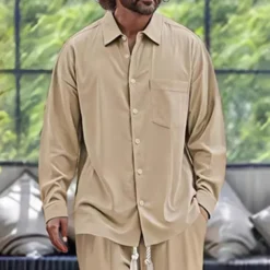 Men's 2 Piece Shirt Set Matching Sets Casual Shirt Button Up Shirt Black White Dark Navy Blue khaki Long Sleeve Plain Collar Vacation Daily Clothing Apparel Fashion Casual