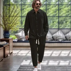 Men's 2 Piece Shirt Set Matching Sets Casual Shirt Button Up Shirt Black White Dark Navy Blue khaki Long Sleeve Plain Collar Vacation Daily Clothing Apparel Fashion Casual