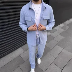 Men's 2 Piece Shirt Set Matching Sets Casual Shirt Corduroy Shirt Button Up Shirt Black Brown Green khaki Gray Long Sleeve Plain Collar Street Daily Clothing Apparel Fashion Casual