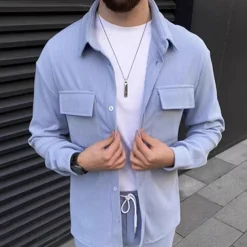 Men's 2 Piece Shirt Set Matching Sets Casual Shirt Corduroy Shirt Button Up Shirt Black Brown Green khaki Gray Long Sleeve Plain Collar Street Daily Clothing Apparel Fashion Casual