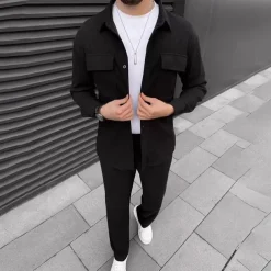 Men's 2 Piece Shirt Set Matching Sets Casual Shirt Corduroy Shirt Button Up Shirt Black Brown Green khaki Gray Long Sleeve Plain Collar Street Daily Clothing Apparel Fashion Casual