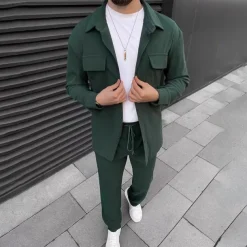 Men's 2 Piece Shirt Set Matching Sets Casual Shirt Corduroy Shirt Button Up Shirt Black Brown Green khaki Gray Long Sleeve Plain Collar Street Daily Clothing Apparel Fashion Casual