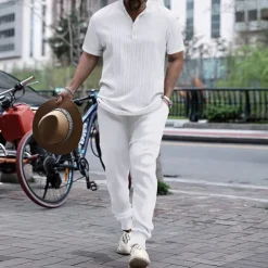 Men's 2 Piece Shirt Set Matching Sets Casual Shirt Button Up Shirt Black White Royal Blue Blue khaki Short Sleeve Plain Band Collar Vacation Street Clothing Apparel Fashion Casual