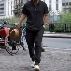 Men's 2 Piece Shirt Set Matching Sets Casual Shirt Button Up Shirt Black White Royal Blue Blue khaki Short Sleeve Plain Band Collar Vacation Street Clothing Apparel Fashion Casual