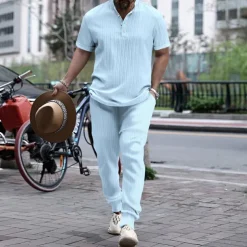 Men's 2 Piece Shirt Set Matching Sets Casual Shirt Button Up Shirt Black White Royal Blue Blue khaki Short Sleeve Plain Band Collar Vacation Street Clothing Apparel Fashion Casual