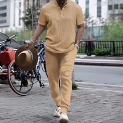 Men's 2 Piece Shirt Set Matching Sets Casual Shirt Button Up Shirt Black White Royal Blue Blue khaki Short Sleeve Plain Band Collar Vacation Street Clothing Apparel Fashion Casual