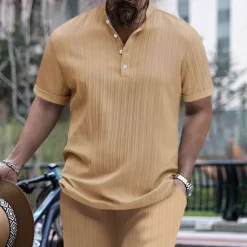 Men's 2 Piece Shirt Set Matching Sets Casual Shirt Button Up Shirt Black White Royal Blue Blue khaki Short Sleeve Plain Band Collar Vacation Street Clothing Apparel Fashion Casual