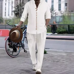 Men's 2 Piece Shirt Set Matching Sets Casual Shirt Button Up Shirt White Pink khaki Gray Long Sleeve Plain Band Collar Vacation Street Clothing Apparel Fashion Casual