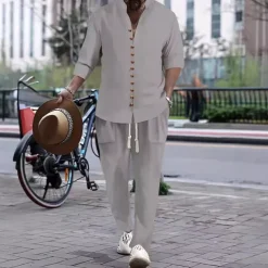 Men's 2 Piece Shirt Set Matching Sets Casual Shirt Button Up Shirt White Pink khaki Gray Long Sleeve Plain Band Collar Vacation Street Clothing Apparel Fashion Casual