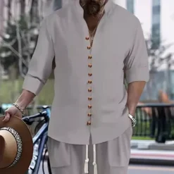 Men's 2 Piece Shirt Set Matching Sets Casual Shirt Button Up Shirt White Pink khaki Gray Long Sleeve Plain Band Collar Vacation Street Clothing Apparel Fashion Casual