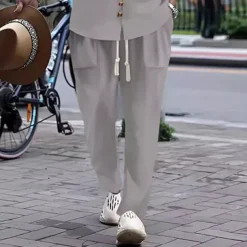 Men's 2 Piece Shirt Set Matching Sets Casual Shirt Button Up Shirt White Pink khaki Gray Long Sleeve Plain Band Collar Vacation Street Clothing Apparel Fashion Casual