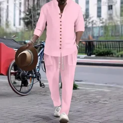 Men's 2 Piece Shirt Set Matching Sets Casual Shirt Button Up Shirt White Pink khaki Gray Long Sleeve Plain Band Collar Vacation Street Clothing Apparel Fashion Casual