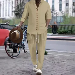 Men's 2 Piece Shirt Set Matching Sets Casual Shirt Button Up Shirt White Pink khaki Gray Long Sleeve Plain Band Collar Vacation Street Clothing Apparel Fashion Casual