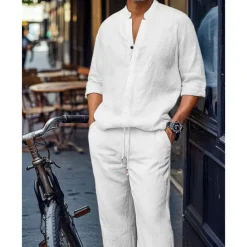 Men's 2 Piece Shirt Set Matching Sets Casual Shirt Plain Street Daily Black White Dark Gray Light Blue Long Sleeve Standing Collar Spring & Summer Clothing Apparel Front Pocket