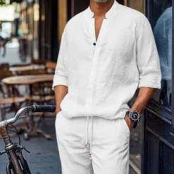 Men's 2 Piece Shirt Set Matching Sets Casual Shirt Plain Street Daily Black White Dark Gray Light Blue Long Sleeve Standing Collar Spring & Summer Clothing Apparel Front Pocket