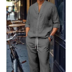 Men's 2 Piece Shirt Set Matching Sets Casual Shirt Plain Street Daily Black White Dark Gray Light Blue Long Sleeve Standing Collar Spring & Summer Clothing Apparel Front Pocket