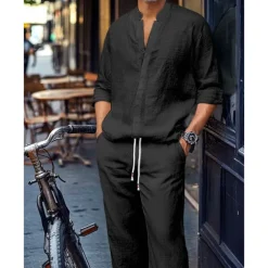 Men's 2 Piece Shirt Set Matching Sets Casual Shirt Plain Street Daily Black White Dark Gray Light Blue Long Sleeve Standing Collar Spring & Summer Clothing Apparel Front Pocket