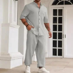 Men's 2 Piece Shirt Set Summer Set Matching Sets Casual Shirt Plain Vacation Daily Black Beige Gray Short Sleeve Collar Summer Clothing Apparel