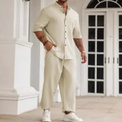 Men's 2 Piece Shirt Set Summer Set Matching Sets Casual Shirt Plain Vacation Daily Black Beige Gray Short Sleeve Collar Summer Clothing Apparel