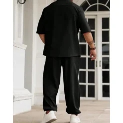 Men's 2 Piece Shirt Set Summer Set Matching Sets Casual Shirt Plain Vacation Daily Black Beige Gray Short Sleeve Collar Summer Clothing Apparel