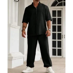 Men's 2 Piece Shirt Set Summer Set Matching Sets Casual Shirt Plain Vacation Daily Black Beige Gray Short Sleeve Collar Summer Clothing Apparel