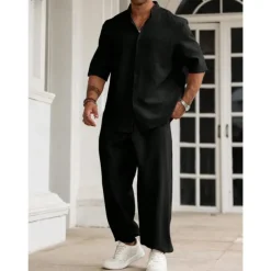 Men's 2 Piece Shirt Set Summer Set Matching Sets Casual Shirt Plain Vacation Daily Black Beige Gray Short Sleeve Collar Summer Clothing Apparel