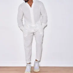 Men's 2 Piece Shirt Set Summer Shirt Matching Sets Beach Shirt Button Up Shirt Plain Vacation Casual Black White Navy Blue Blue Long Sleeve Collar Spring & Summer Clothing Apparel