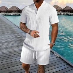 Men's 2 Piece Shirt Set Summer Set Matching Sets Casual Shirt Button Up Shirt Black White Royal Blue khaki Light Blue Short Sleeve Plain Collar Vacation Daily Clothing Apparel Fashion Casual