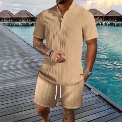 Men's 2 Piece Shirt Set Summer Set Matching Sets Casual Shirt Button Up Shirt Black White Royal Blue khaki Light Blue Short Sleeve Plain Collar Vacation Daily Clothing Apparel Fashion Casual