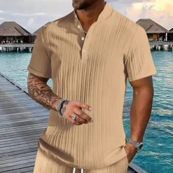 Men's 2 Piece Shirt Set Summer Set Matching Sets Casual Shirt Button Up Shirt Black White Royal Blue khaki Light Blue Short Sleeve Plain Collar Vacation Daily Clothing Apparel Fashion Casual