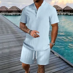 Men's 2 Piece Shirt Set Summer Set Matching Sets Casual Shirt Button Up Shirt Black White Royal Blue khaki Light Blue Short Sleeve Plain Collar Vacation Daily Clothing Apparel Fashion Casual