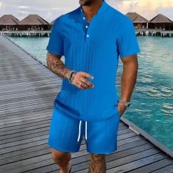 Men's 2 Piece Shirt Set Summer Set Matching Sets Casual Shirt Button Up Shirt Black White Royal Blue khaki Light Blue Short Sleeve Plain Collar Vacation Daily Clothing Apparel Fashion Casual