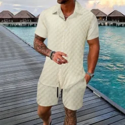 Men's 2 Piece Shirt Set Summer Set Matching Sets Casual Shirt Button Up Shirt Black White Light Green Blue Green Short Sleeve Plain Collar Vacation Daily Clothing Apparel Fashion Casual Comfortable